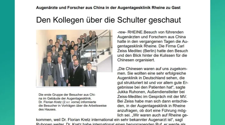 Die erste Gruppe der Besucher aus China im Gebäude der Augentagesklinik. Dr. Florian Kretz (2.v.r. vorne) informierte die Besucher in Vorträgen über die Arbeitsweise des Hauses.